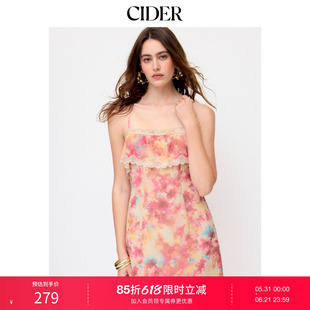 CIDER2026夏季新品抽象蕾丝镶边方领A字长连衣裙115415802