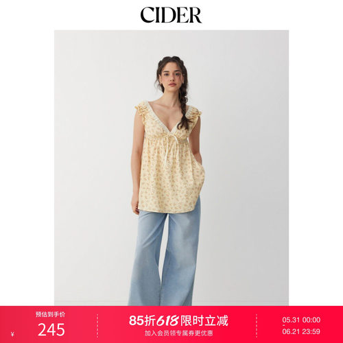 CIDER混棉碎花V领蕾丝蝴蝶结娃娃迷你连衣裙115255421