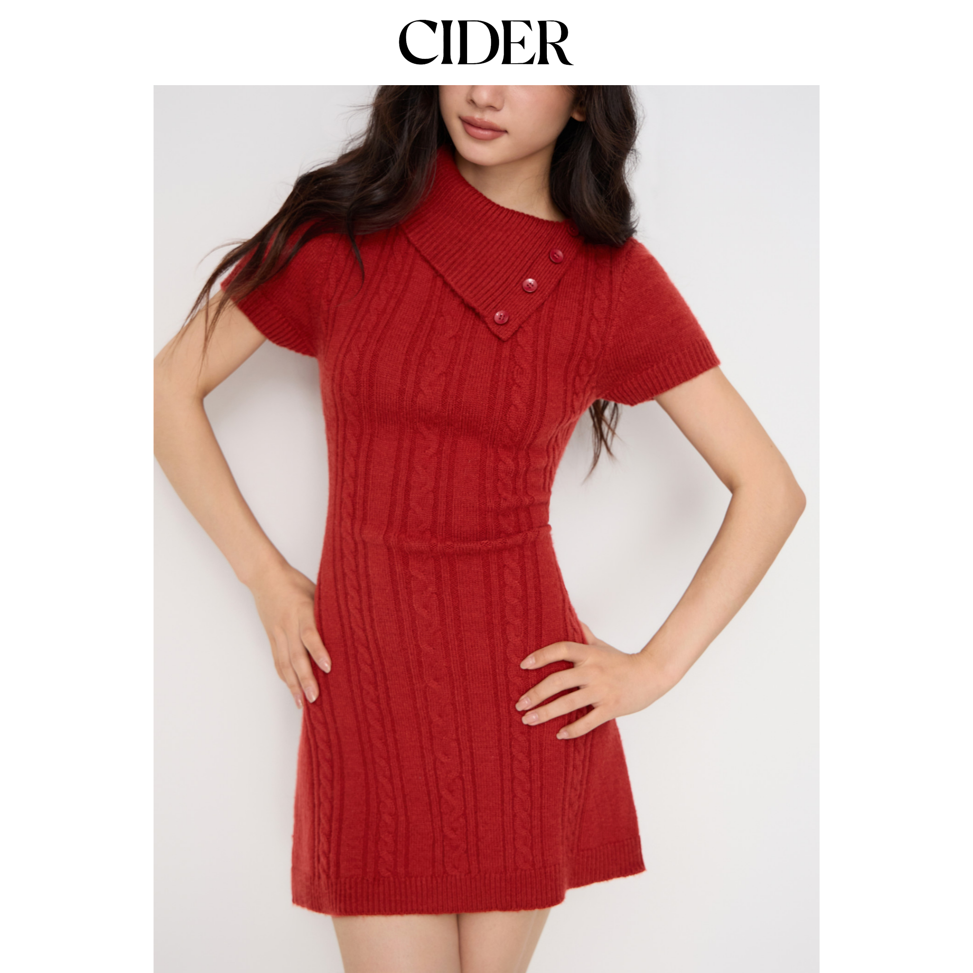 CIDER麻花针织不对称领A字迷你红色连衣裙114968756