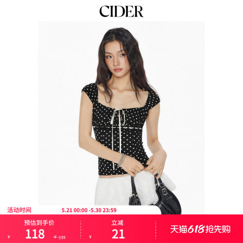CIDER方领波点系带短袖短款T恤