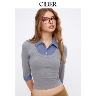 纽扣针织上衣114778634 CIDER翻领格纹拼接假两件针织衫
