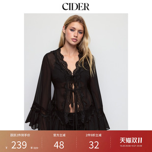 CIDER雪纺V领喇叭袖蕾丝拼接系带荷叶边下摆上衣115595090