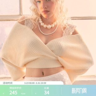 短款 毛衣蕾丝针织长袖 上衣101060881 v领优雅风女装 CIDER美式