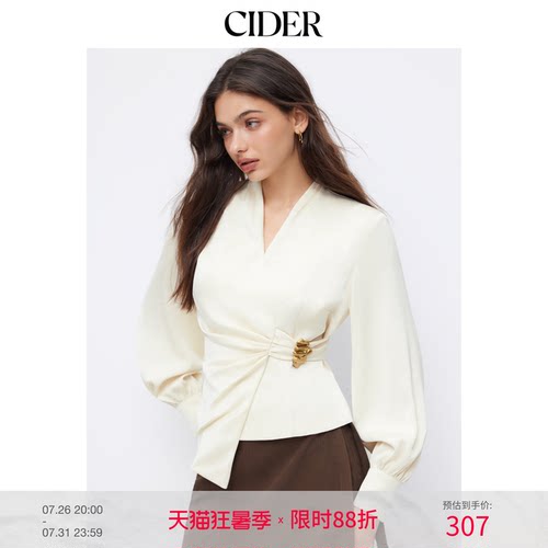 CIDERchic风缎面V领长袖裹身褶皱金属饰上衣114974194