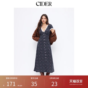 CIDER碎花V领短袖蕾丝镶边纽扣长连衣裙115004694