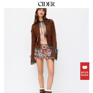 CIDER 撞色镶边开叉高领系带针织马海毛开衫114957779