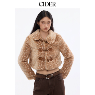 夹克114872392 CIDER都市游牧风外套小鹿印花仿皮草翻领按扣短款