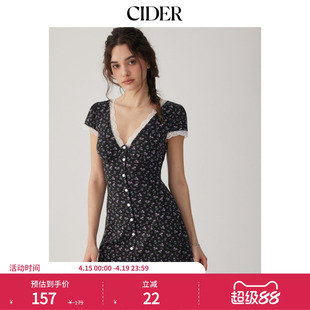 CIDER2026春季新品碎花V领蕾丝边高腰A字迷你连衣裙115285474