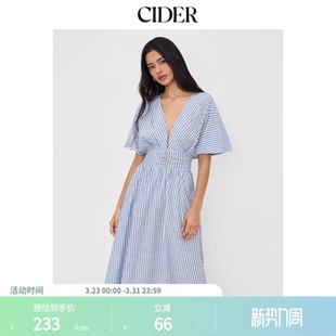 CIDER夏季 棉V领条纹褶皱纽扣长连衣裙114587262 女装
