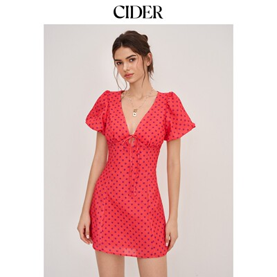 CIDER2026春季新品V领泡泡袖波点系带迷你连衣裙114478262