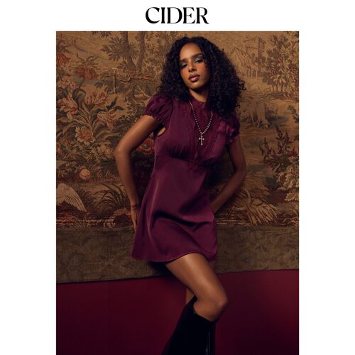 CIDER缎面立领泡泡袖蕾丝拼接A字迷你连衣裙115597397
