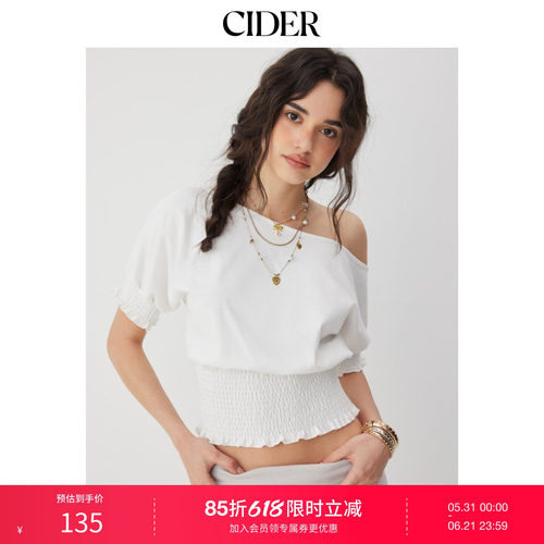 CIDER2026春季新品棉混纺不对称领口荷叶袖宽松T恤115327365