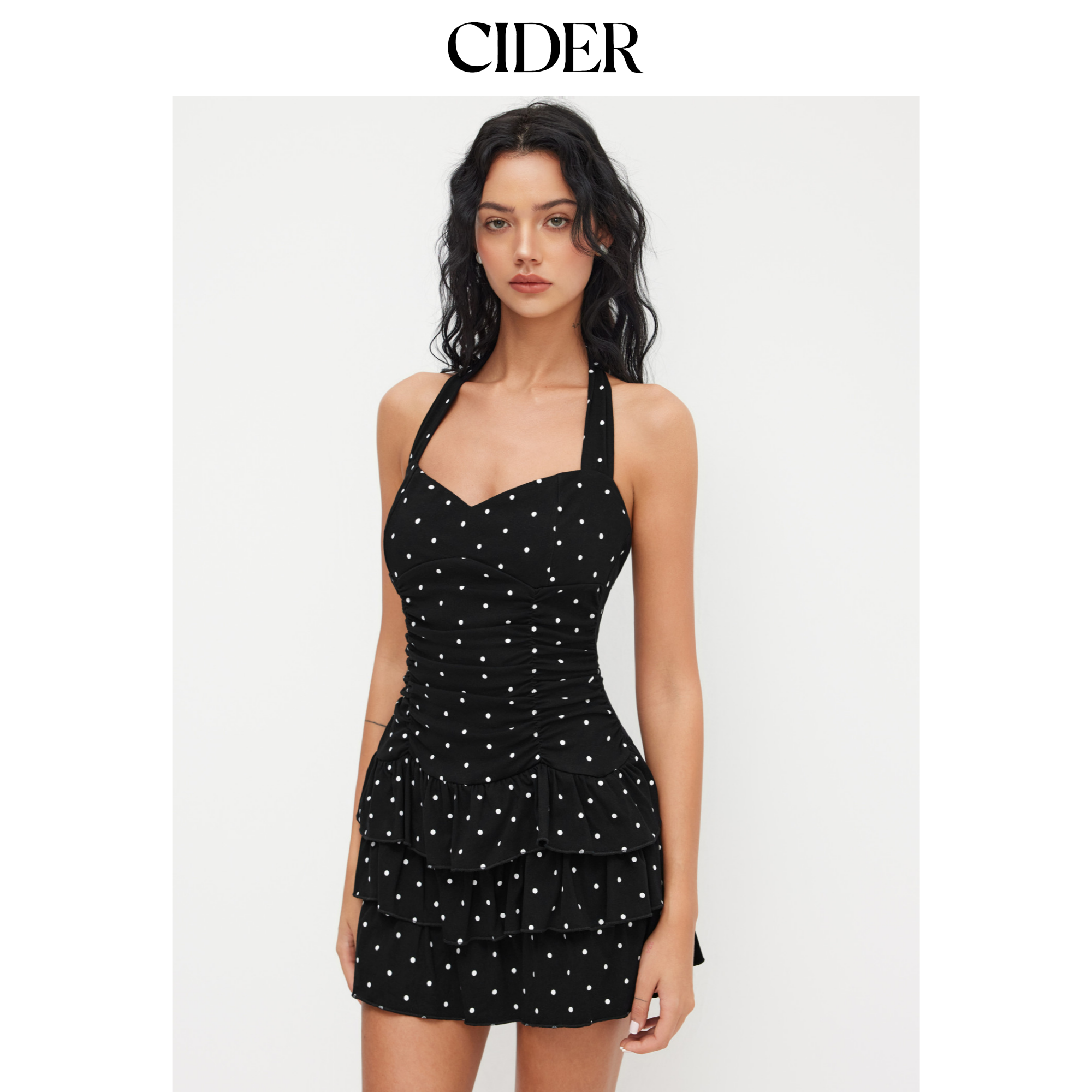 CIDER 棉质挂脖波点裙褶皱层叠迷你吊带连衣裙11466884