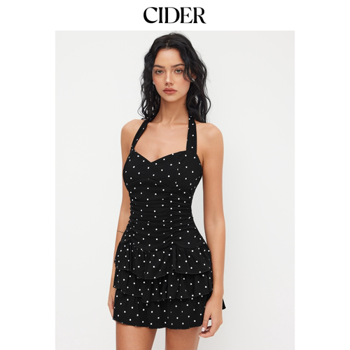 CIDER美式棉质挂脖波点裙褶皱层叠迷你吊带连衣裙114668840
