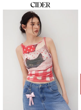 【明星同款】CIDER可爱风猫咪印花格纹褶皱背心式上衣114340963