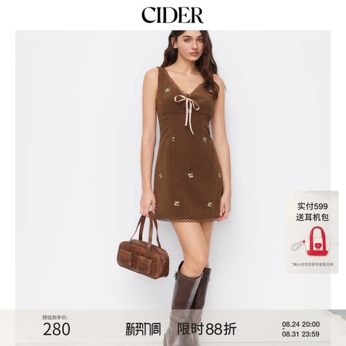 CIDER可爱风灯芯绒碎花V领蕾丝边蝴蝶结迷你连衣裙114830585