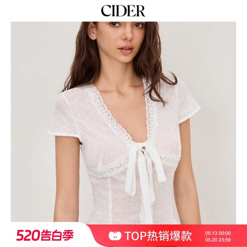 CIDER纯棉V领英式刺绣蝴蝶结衬衫