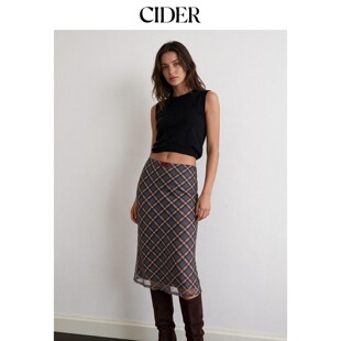 CIDER2026秋季新品雪纺中腰格纹蝴蝶结鱼尾中长半身裙115485614