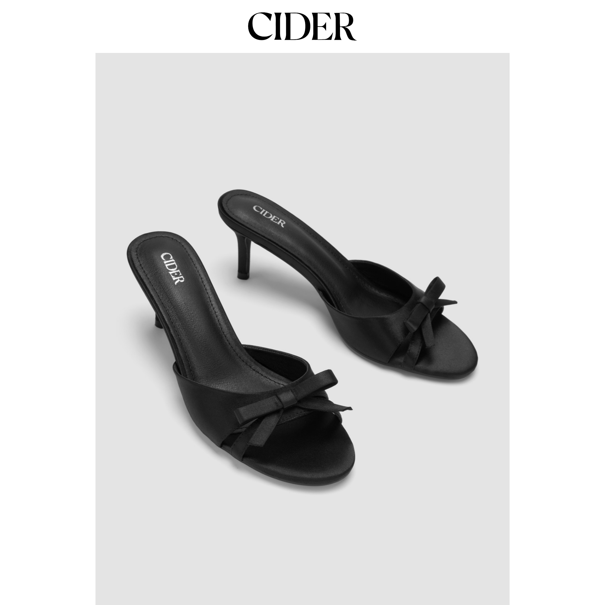 CIDER双色蝴蝶结缎面一字带中跟细高跟凉鞋114583000图片