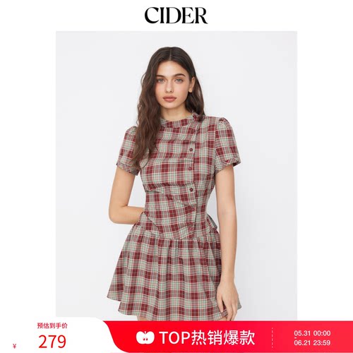 【明星同款】CIDER美式格纹泡泡袖系带连衣裙114992258