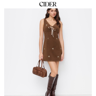 CIDER可爱风灯芯绒碎花V领蕾丝边蝴蝶结迷你连衣裙114830585