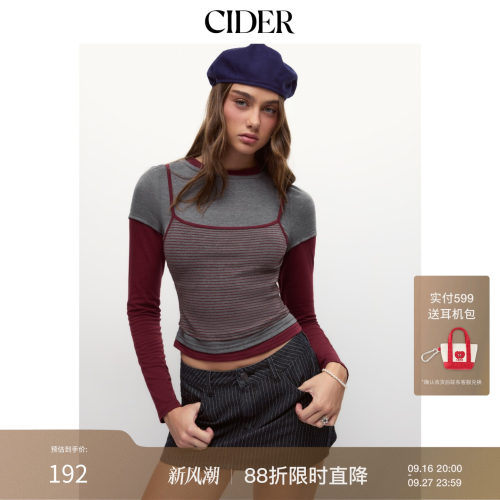 CIDER2026秋季新品圆领条纹拼接假两件长袖T恤上衣115690072