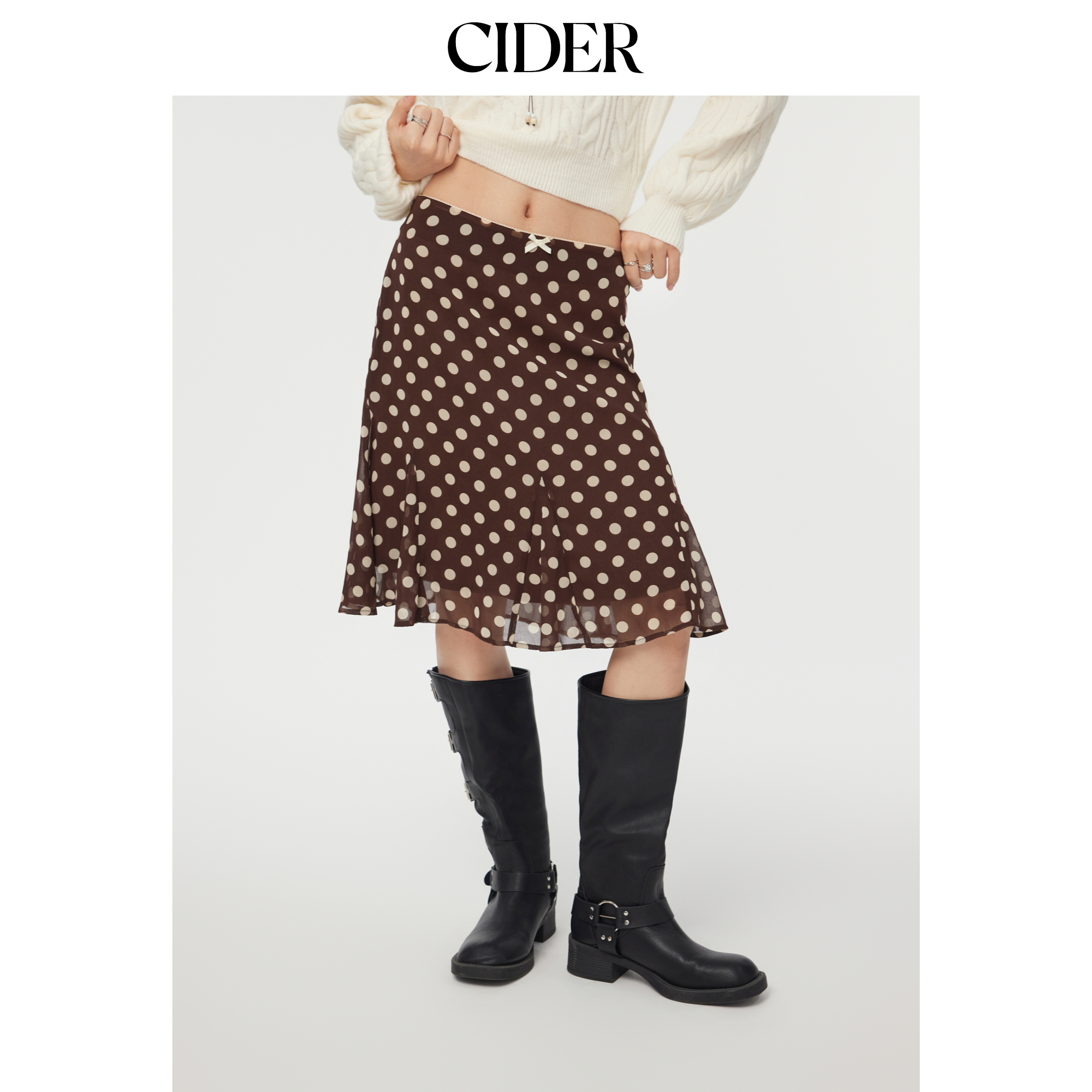 CIDER蕾丝蝴蝶结设计感鱼尾半裙美式复古波点半身裙114367