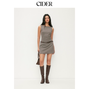 CIDER圆领格纹A字迷你连衣裙 115096101 带腰带