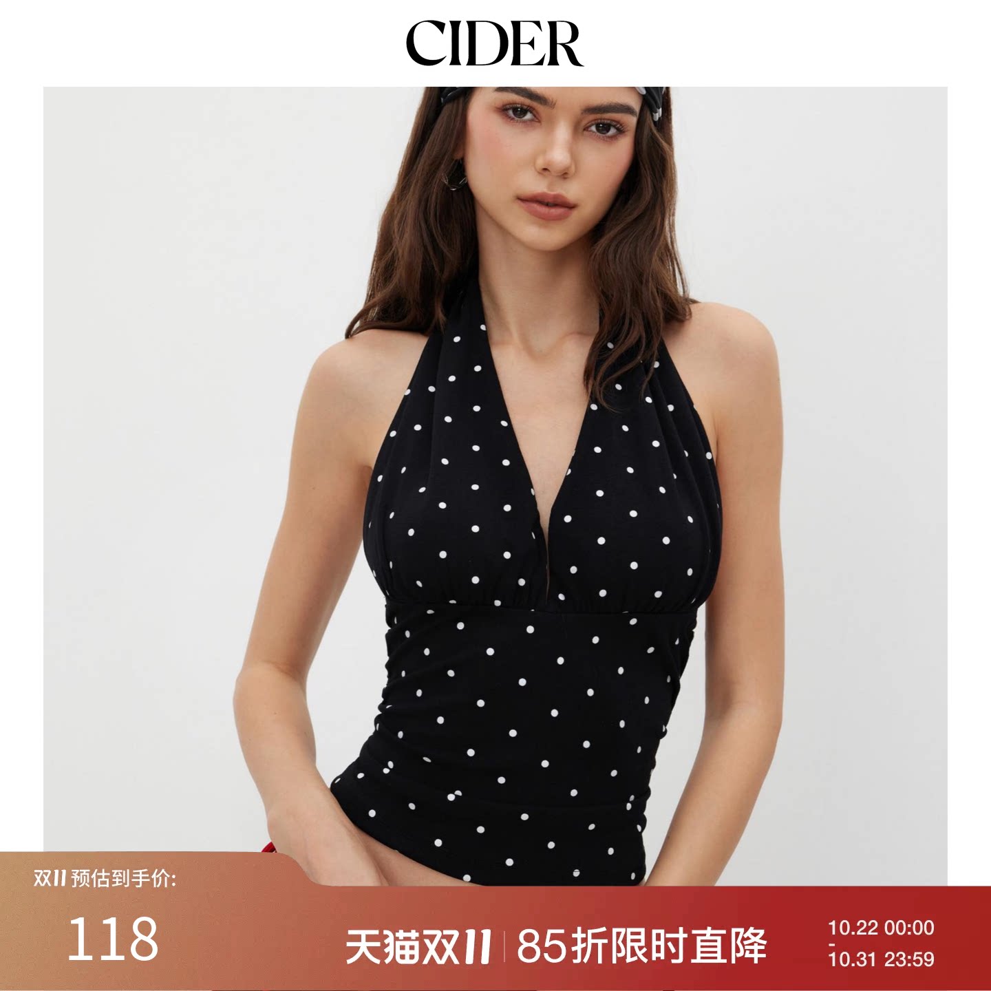 【明星同款】CIDER棉挂脖背心荡领波点褶皱性感外穿上衣114631621