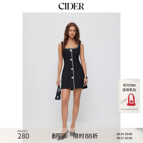 CIDER2026春季新品粗花呢U领水钻纽扣A字迷你连衣裙115220553