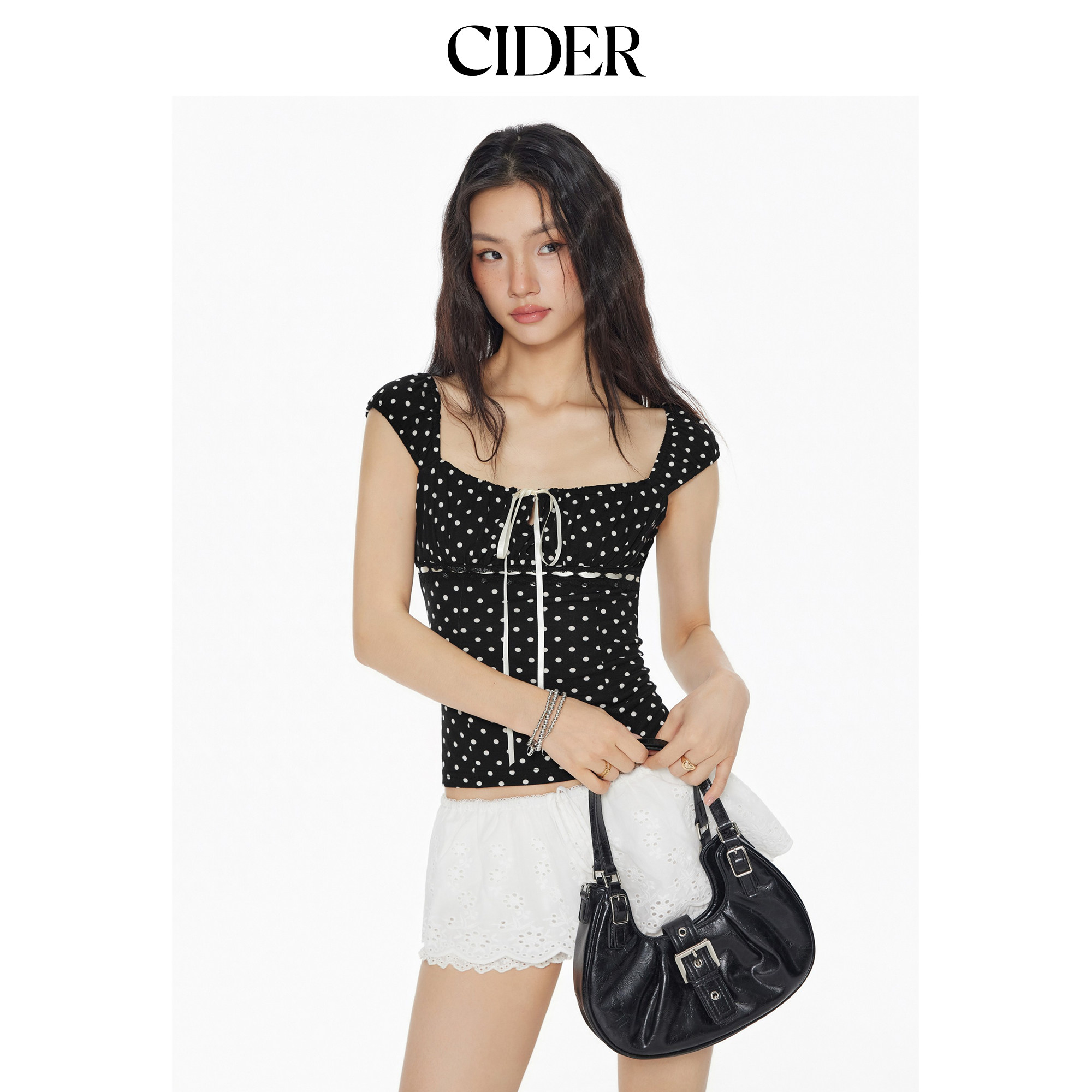 CIDER方领波点系带短袖短款T恤图片