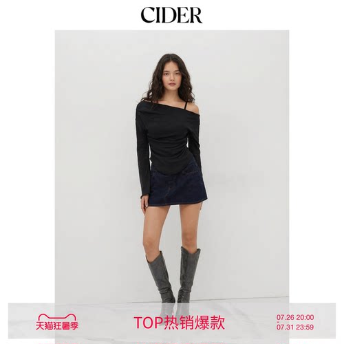 CIDERchic风不对称荡领荷叶边抽褶T恤114486778