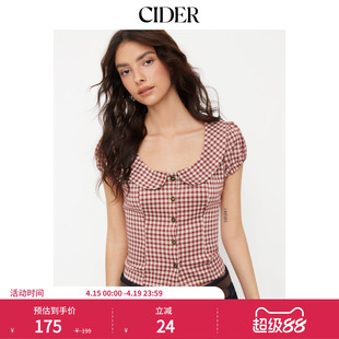 CIDER2026春季新品红格纹彼得潘翻领泡泡袖短款上衣115126659