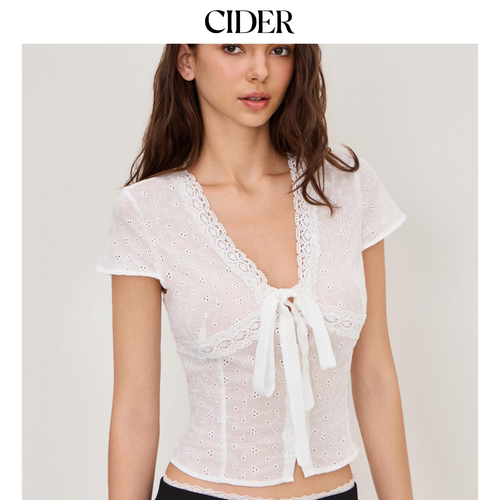 CIDER纯棉V领英式刺绣蝴蝶结衬衫