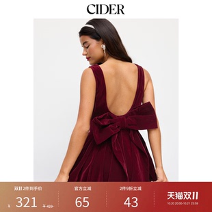 CIDER天鹅绒船领蝴蝶结露背中长连衣裙114013666