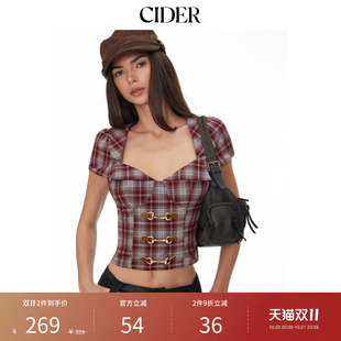 CIDER格纹心形领泡泡袖金属装饰修身格子上衣115487901