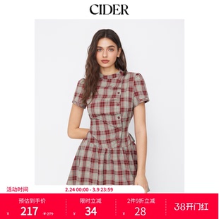 CIDER格纹翻领泡泡袖系带迷你连衣裙114992258