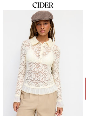 CIDER夏季女装碎花蕾丝翻领透视灯笼袖上衣 114782549