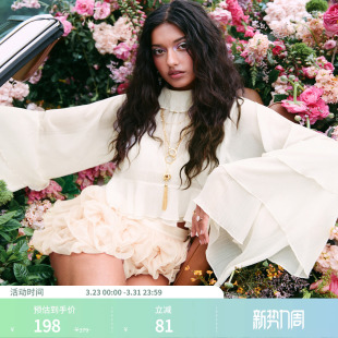 上衣114540958 透视雪纺高领荷叶边蝙蝠袖 CIDER 雪纺衫