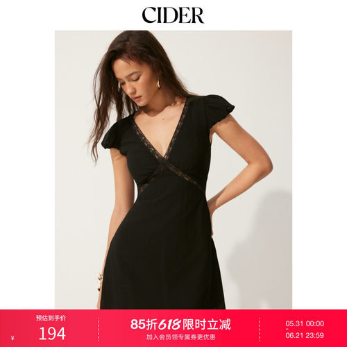 CIDER2026春季新品雪纺V领泡泡袖蕾丝拼接A字迷你连衣裙115393299