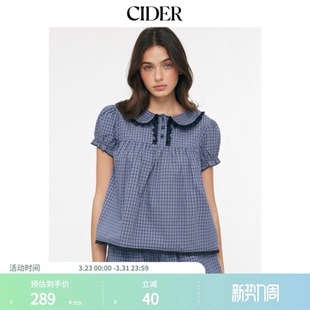 CIDER全棉格纹娃娃领宽松上衣配中腰蕾丝直筒短裤 115157719 套装