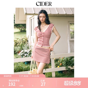 CIDER2026新品提花红色格纹插肩袖褶皱甜美短袖衬衫上衣115245878
