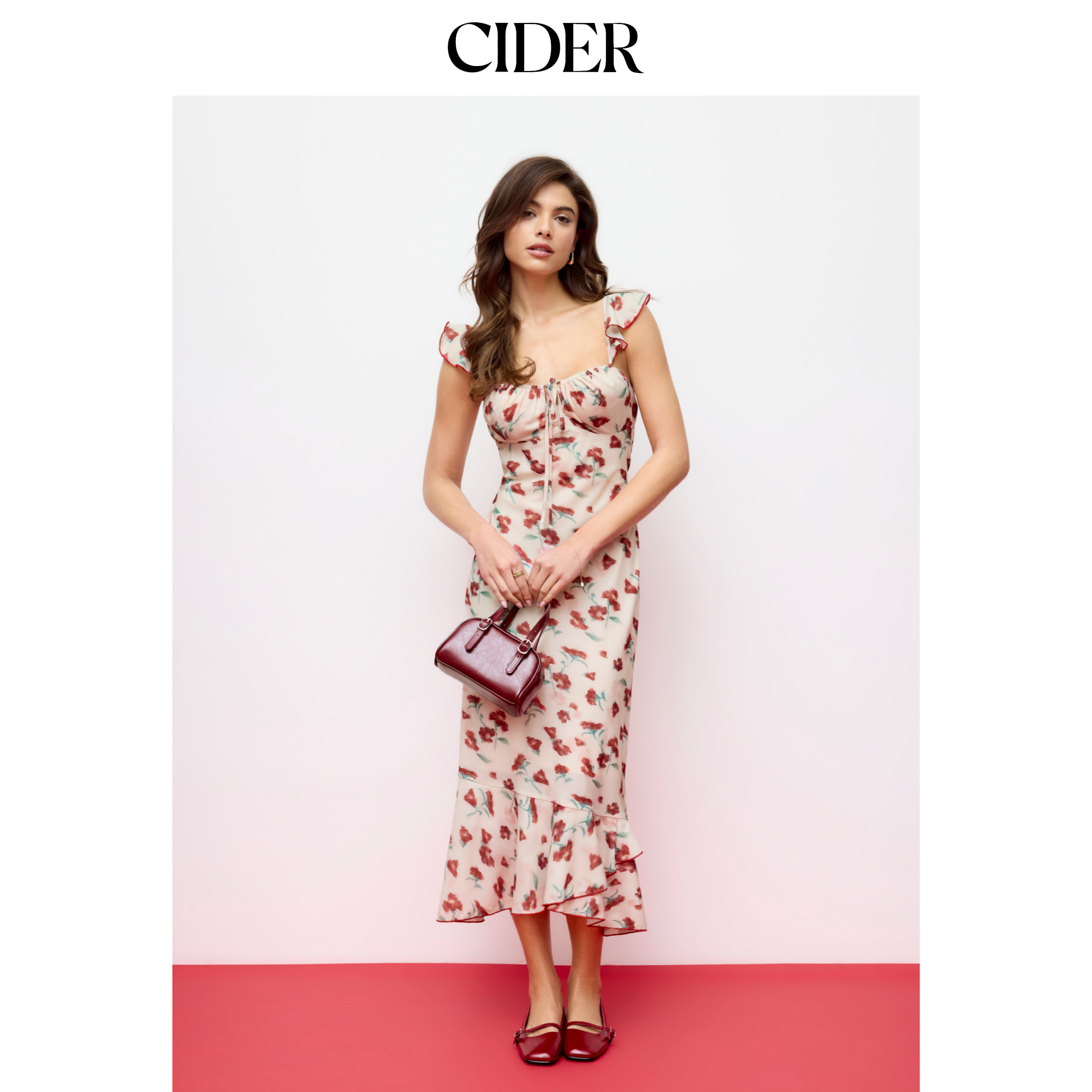 CIDER碎花雪纺U领荷叶边裙摆长连衣裙115148979