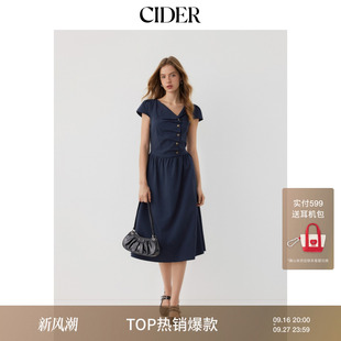 CIDER2026早秋穿搭不对称领格子抽褶绑带中长伞裙连衣裙115041914