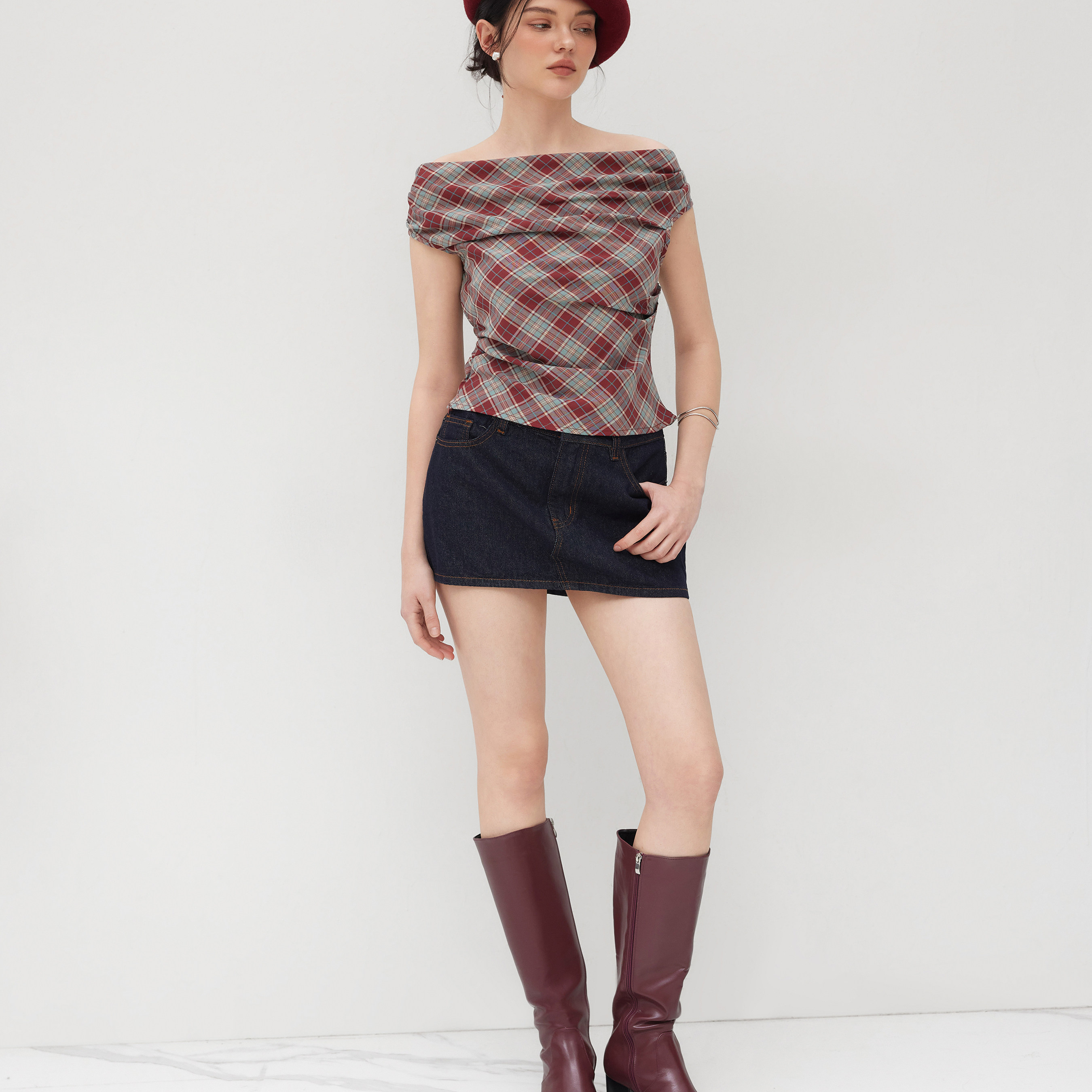 CIDER明星同款正品一字肩美式复古格纹褶皱格子上衣113981213