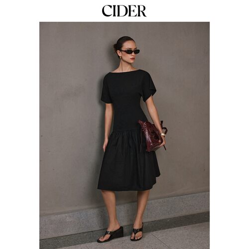 CIDER2026秋季新品棉一字领短袖A字中长连衣裙115655904