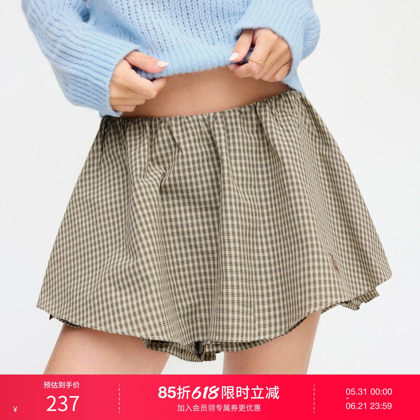 CIDER棉低腰格纹蜗牛刺绣迷你短裙裤女装114790863