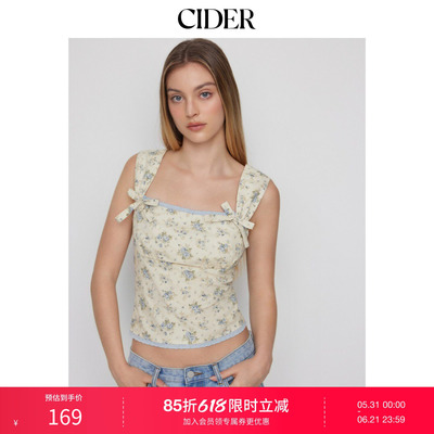 CIDER2026春季新品碎花方领蝴蝶结抽褶蕾丝镶边绑带背心115363509