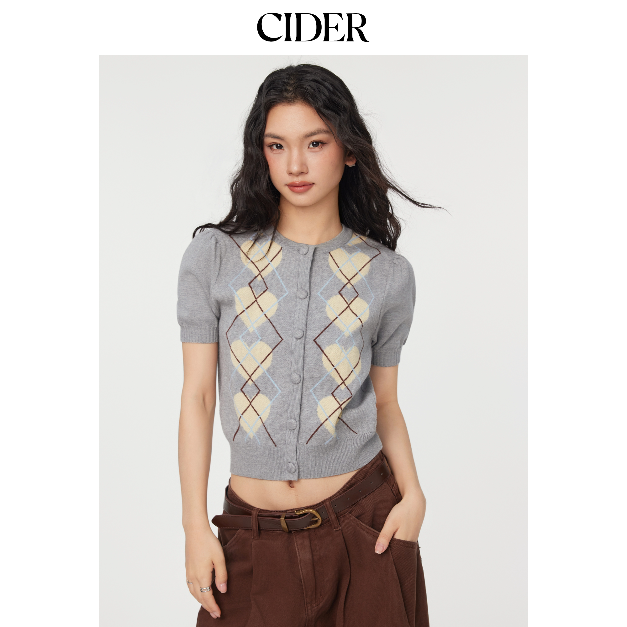【明星同款】CIDER短袖菱格毛衣上衣学院风休闲针织开衫114715146