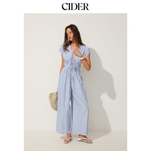 CIDER2026夏季新品棉混纺V领条纹束腰阔腿连身裤115393265